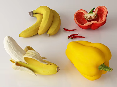 Fresh Ripe Bananas Including Peeled Single And Whole Bunch On White Background 3d model