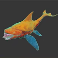 Shark With Orange And Red Gradient Blue Fins Open Mouth Sharp Teeth On Dark Background