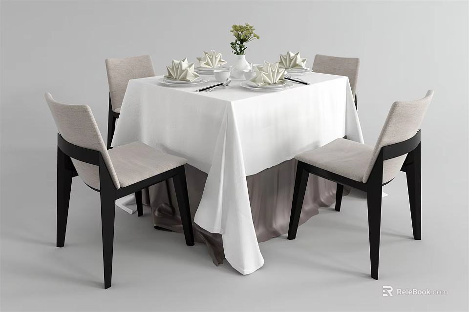 Dining Table Set With White Tablecloth Four Chairs Light Seats Black Legs Tableware Vase Flowers 3d model 