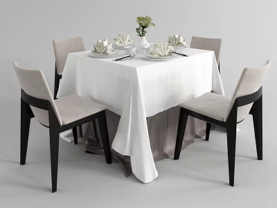 Dining Table Set With White Tablecloth Four Chairs Light Seats Black Legs Tableware Vase Flowers 3d model