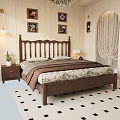 Classic Wooden Double Bed With Floral Bedspread Brown Blanket Nightstand And Decorative Paintings