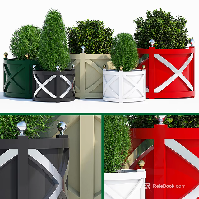 Potted Bonsai Plants In Various Colored Planters With Cross Stripe Design And Silver Ball Decorations 3d model 