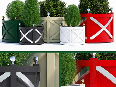 Potted Bonsai Plants In Various Colored Planters With Cross Stripe Design And Silver Ball Decorations 3d model