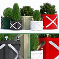 Potted Bonsai Plants In Various Colored Planters With Cross Stripe Design And Silver Ball Decorations