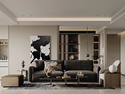 Living Dining Room Interior Design With Dark Sofa Coffee Table And Decorative Painting 3d model