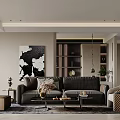 Living Dining Room Interior Design With Dark Sofa Coffee Table And Decorative Painting