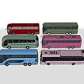 Six Colorful Model Buses in Various Hues Neatly Arranged on White Background