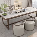 Modern Tea Table and Chairs Set with Wooden Frame Round Cushioned Stools Indoor Plant Natural Light