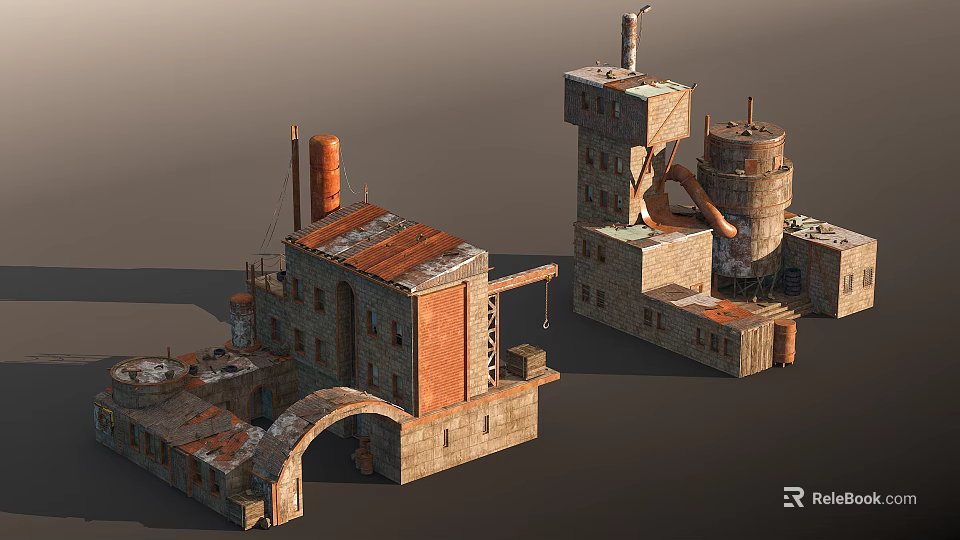 Aged Industrial Building Components With Tower Brick Chimneys Arched Doorways Stone Walls And Rusted Rooftops 3d model 