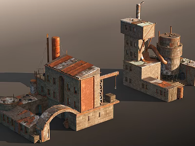 Aged Industrial Building Components With Tower Brick Chimneys Arched Doorways Stone Walls And Rusted Rooftops 3d model