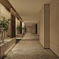 Modern Hotel Corridor Interior Design With Wall Lamps Potted Plants And Textured Flooring