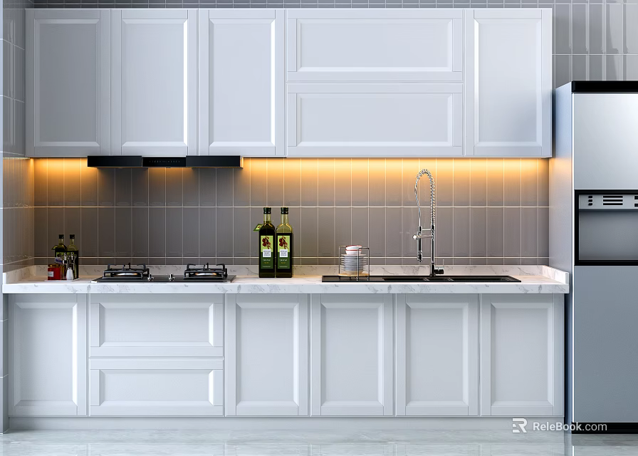 Modern White Kitchen Interior With Stove Sink Countertop And Under Cabinet Lighting Cabinets 3d model 