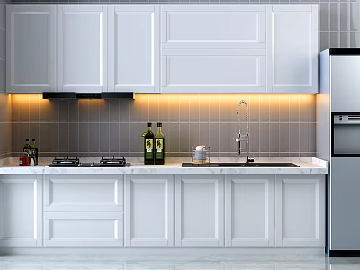 Modern White Kitchen Interior With Stove Sink Countertop And Under Cabinet Lighting Cabinets 3d model