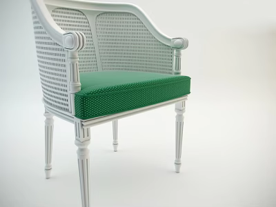 Elegant White Frame Armchair Featuring Wicker Backrest Green Cushion And Slender Legs 3d model
