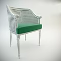 Elegant White Frame Armchair Featuring Wicker Backrest Green Cushion And Slender Legs