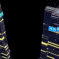 Futuristic Architecture Three Tall Illuminated Skyscrapers With Modern Design Elements