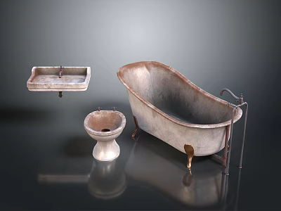 Kids Vintage Bathroom Set With Metal Bathtub Sink Toilet And Brass Feet 3d model