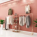 Elegant Golden Clothes Racks With Hanging Garments Shoes And Bags On Pink Wall