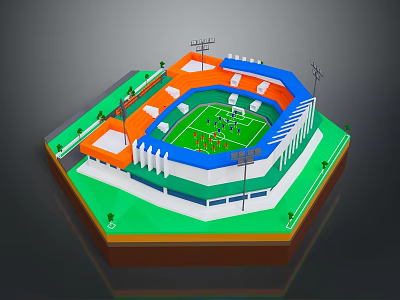 3D Rendered Football Stadium Model With Green Grass Field Seating Stands And Lighting Poles 3d model