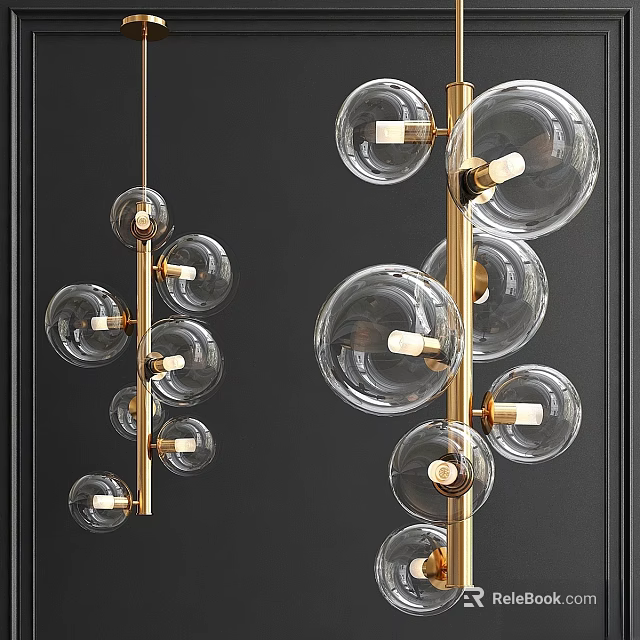 Modern Transparent Glass Globe Chandelier With Gold Metal Frame And Multiple Bulbs Design 3d model 