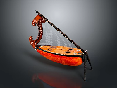 Harp Shaped Decorative Household Item With Carved Design Orange Body And Black Stand 3d model