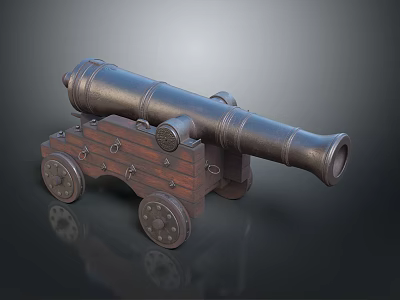 Vintage Weapon Cannon With Wooden Carriage Metal Barrel And Wheels 3d model