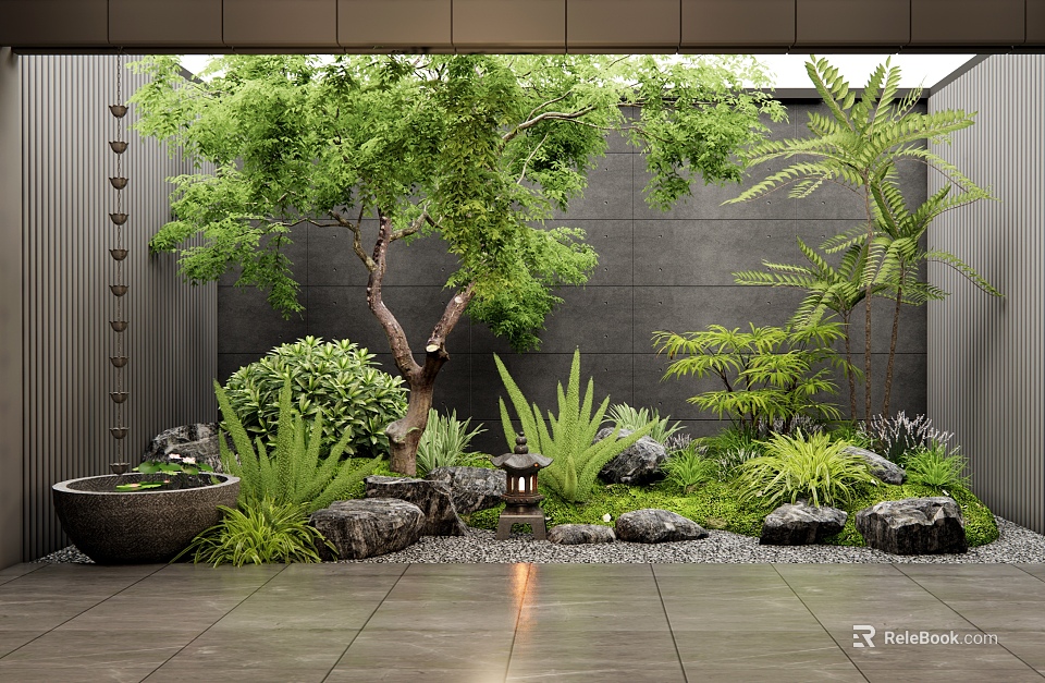 Tranquil Indoor Landscape With Lush Trees Green Plants Rocks Water Basin And Stone Lantern 3d model 