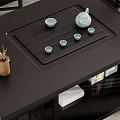 Modern Black Coffee Table With Metal Frame Tea Set Tray Teapot And Tea Cups