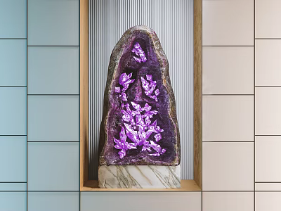 Decorative Ornament Set With Purple Crystal Cluster And Marble Base In Wooden Frame 3d model