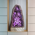 Decorative Ornament Set With Purple Crystal Cluster And Marble Base In Wooden Frame