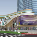 Modern Commercial Complex With Colorful Striped Facade And Urban Surroundings