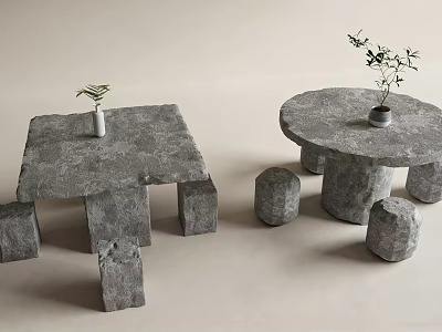 Stone Table and Chair Sets Square and Round Design With Small Potted Plants Light Background 3d model