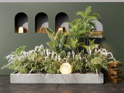 Indoor Green Plants Arrangement In Rectangular Planter With Arched Niches And Golden Decor 3d model