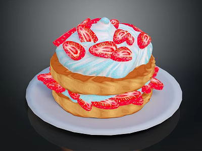 Delicious Layered Strawberry Dessert with Whipped Cream and Fresh Strawberry Slices on White Plate 3d model