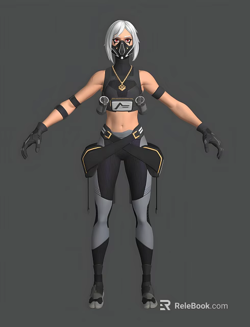 Game and Movie Character in Black Gray Tight Fitting Outfit With Gold Accents Chest Necklace 3d model 