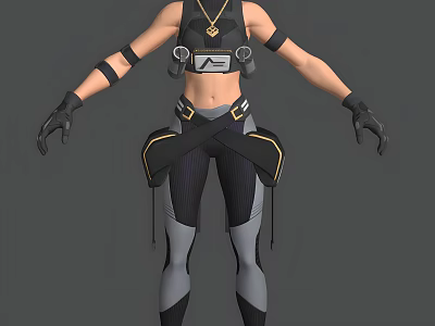 Game and Movie Character in Black Gray Tight Fitting Outfit With Gold Accents Chest Necklace 3d model