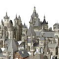 Medieval European City Architecture With Spires Towers Stone Rooftops And Arched Windows