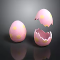Decorative Pink Eggs With Yellow Polka Dots Whole And Broken Eggshell