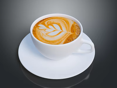 White Ceramic Cup With Hot Coffee And Heart Latte Art On White Saucer 3d model