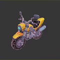 Yellow toy motorcycle with black seat green headlight and metallic parts on reflective surface