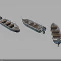 Three Small Boats With Wooden Seats And Metal Hulls On Dark Reflective Surface