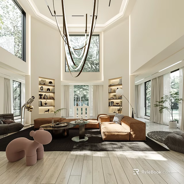 Modern Duplex Living Room With High Ceiling Large Windows And Cozy Sofas 3d model 
