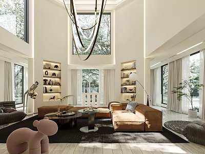 Modern Duplex Living Room With High Ceiling Large Windows And Cozy Sofas 3d model