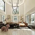 Modern Duplex Living Room With High Ceiling Large Windows And Cozy Sofas 3d model