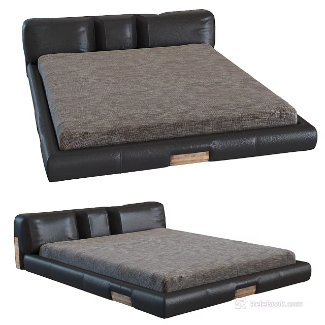 Modern Double Bed With Black Leather Headboard Gray Mattress And Wooden Accents 3d model 