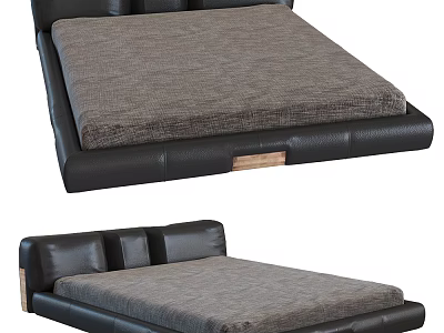Modern Double Bed With Black Leather Headboard Gray Mattress And Wooden Accents 3d model