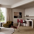Open Living and Dining Area With Large Windows Black Sofa Red Armchair Fireplace Round Mirror