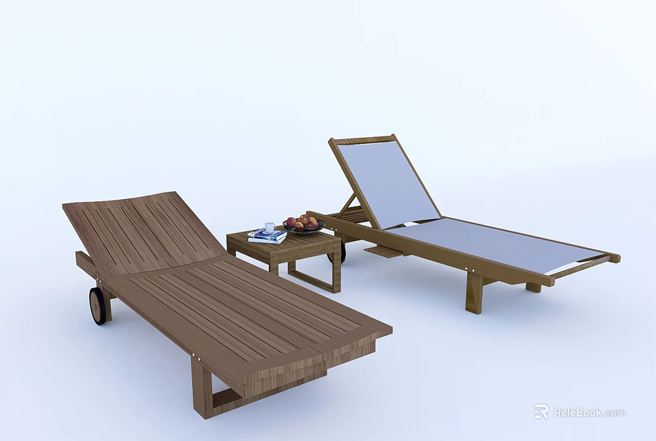 Wooden Outdoor Lounge Chairs with Adjustable Backrest and Side Table with Fresh Fruits 3d model 