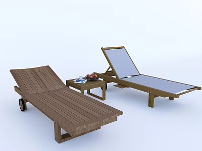 Wooden Outdoor Lounge Chairs with Adjustable Backrest and Side Table with Fresh Fruits 3d model