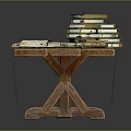 Vintage Study Table Setup With Stacked Books Ancient Scrolls Open Books And Blue Tablecloth